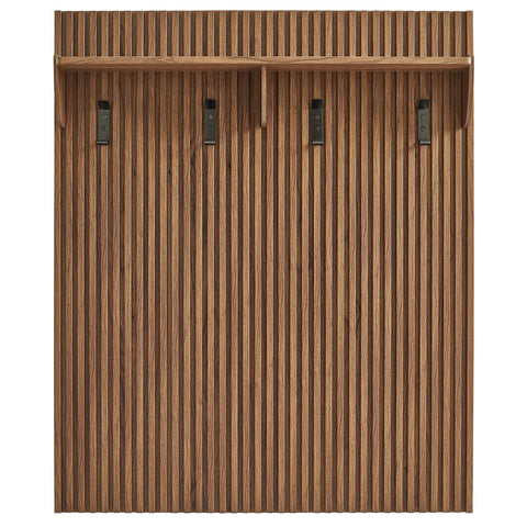 Mid Century Modern Fluted Walnut Wall Mount Coat Rack Panel With Roomy Shelf And Hella Sturdy Hooks For Entryway Hallway Mudroom Sweet Wall Organized Storage Setup With Groovy Wood Grain Details with three metal hooks and fluted design