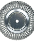 10 Inch Twist Knot Wire Wheel With.014 Inch Steel Fill For Heavy Duty Surface Prep And Rust Paint Removal On Straight Grinders And Benchtop Buffers Three Quarters Inch Arbor Hole Made In USA Pack Of 2, front view showcasing twisted wire bristles