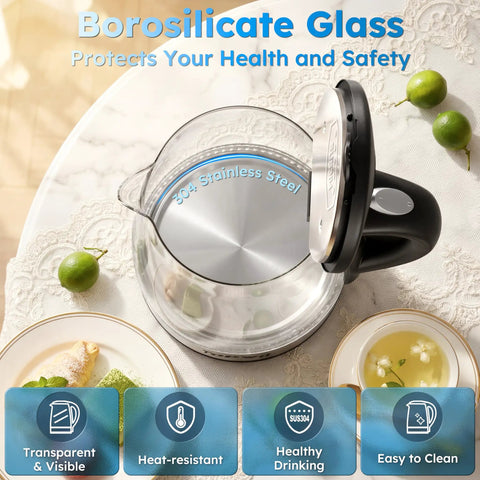Clear Glass Electric Kettle 2L Fast Boil With Auto Shut Off Boil Dry Protection BPA Free Stainless Steel Lid And Base