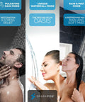 5 Inch 9 Mode Handheld Shower Head adjustable spray patterns: pulsating rain, waterfall, and mist modes demonstrated