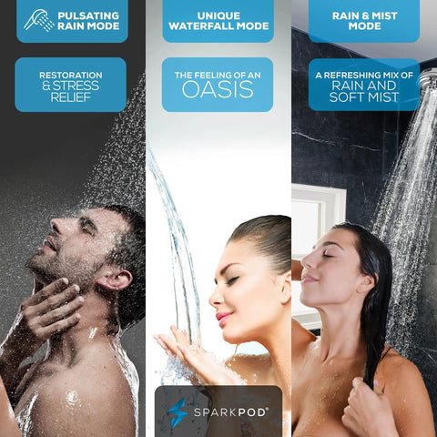 5 Inch 9 Mode Handheld Shower Head adjustable spray patterns: pulsating rain, waterfall, and mist modes demonstrated