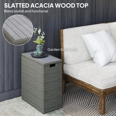 Weatherproof 17.3 Gallon Wicker Storage Box With Slatted Acacia Wood Flip Top For Indoor And Outdoor Use Cushions Pool Gear Garden Tools UV Resistant Gray next to a sofa.