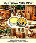 Premium Beeswax Wood Polish and Conditioner in tin, showcasing its use on various wood types and furniture styles, including cabinets and flooring.