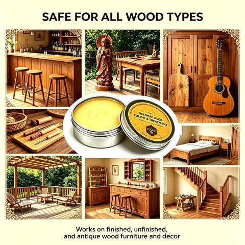Premium Beeswax Wood Polish and Conditioner in tin, showcasing its use on various wood types and furniture styles, including cabinets and flooring.