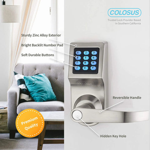 Smart Door Lock With Keyless Entry, PIN Pad, RFID Card Access, Remote Control, And Physical Key Backup, silver finish