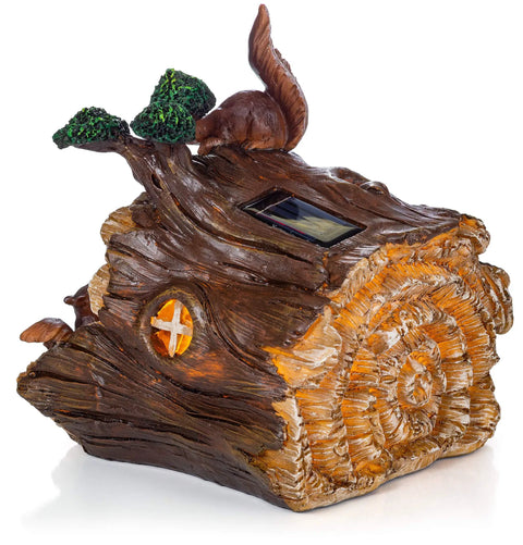 Tree Trunk Fairy House Solar Light For Outdoor Decor And Garden featuring squirrel and solar panel on top