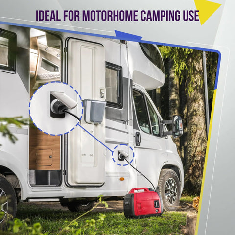 Motorhome connected to generator using NEMA L14-30P Twist Lock Locking Plug for Generators, 30 Amp, 125 250 Volt, outdoors