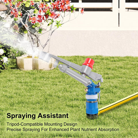 One Inch Aluminum Alloy Agriculture Irrigation Sprinkler Head Built Like A Tank For Rugged Outdoors Large Scale Farming And Heavy Duty Landscaping Rig With Adjustable Spray Angle, mounted on tripod spraying water.