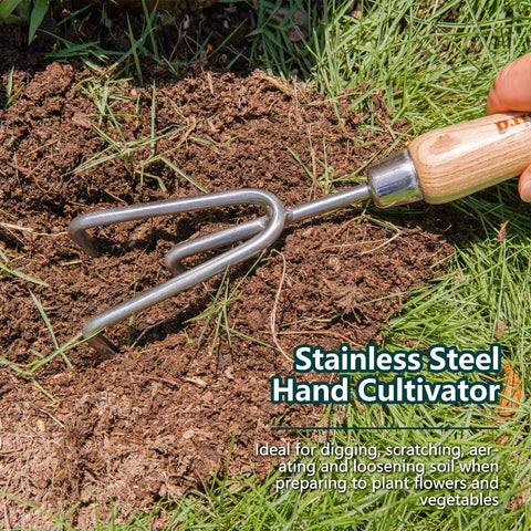 Stainless steel hand cultivator with wood handle used for loosening soil in garden; part of 3 Piece Garden Tool Set With Stainless Steel Hand Trowel Hand Cultivator And Hand Fork With Wood Handles Perfect For Weeding Transplanting Digging And Soil Loosening Soil And Composting Includes Durable Tools For Easy Garden Upkeep And A Great Gift.