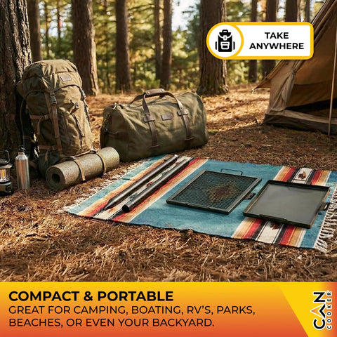 Open Flame Campfire Grill And Skillet Combo For Outdoor Cooking on a picnic blanket in a forest campsite