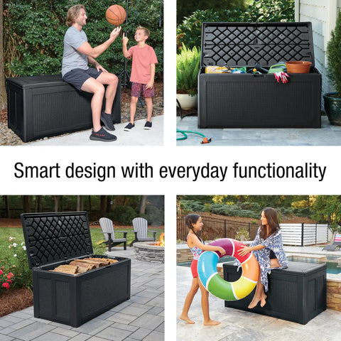 Extra Large Resin Outdoor Storage Deck Box 134 Gallon Capacity Weather Resistant Black Tough Yard Organizer open with toys