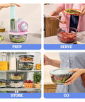 5 In 1 Kitchen Prep And Storage Bowl System Featuring Crinkle Slice And Shred Blades for meal prep and serving in kitchen.