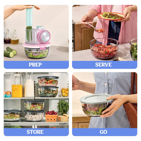 Five In One Food Prep And Storage Bowl System With Crinkle Slicing Shredding Functions dual containers for prepping, serving, storing meals.