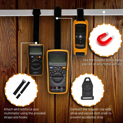 Magnetic Multimeter Hanging Strap Kit With Dual Magnet Loop And Clip in use, suspending multimeters from a metal rail for hands-free operation.