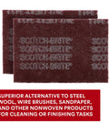 Two maroon Very Fine General Purpose Hand Pads, 6x9 inch, Aluminum Oxide Abrasive for surface prep, scuffing, blending on display.