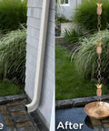 Split image showing before and after installation of Copper Pineapple Rain Chain Eight And A Half Foot Long Handcrafted 20 Gauge Pure Copper With Brass Accents Patina Finish No Fuss Screwdriver Install Replaces Gutter Downspout For Outdoor Decor And Rain Drainage