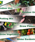 Image showing various gardening scenarios such as indoor and outdoor use, potting mix preparation, growing flowers, vegetables, and home gardening using Four 1.25 Lb Coco Coir Bricks Expand To Nine Gallons, Ultra-Pure No-Rinse Seed Starter Mix, Triple-Washed Low-Salt, pH Balanced Organic Growing Medium For Indoor Or Outdoor Gardens.