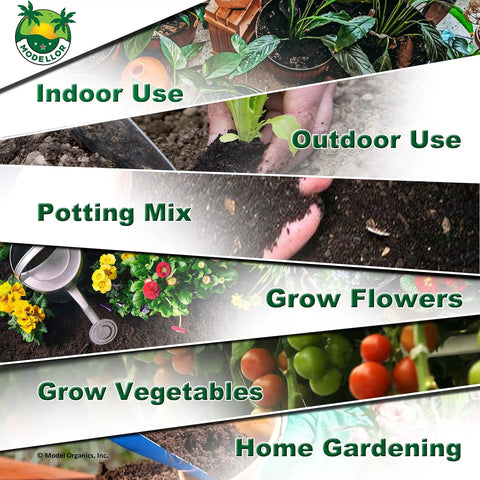 Image showing various gardening scenarios such as indoor and outdoor use, potting mix preparation, growing flowers, vegetables, and home gardening using Four 1.25 Lb Coco Coir Bricks Expand To Nine Gallons, Ultra-Pure No-Rinse Seed Starter Mix, Triple-Washed Low-Salt, pH Balanced Organic Growing Medium For Indoor Or Outdoor Gardens.