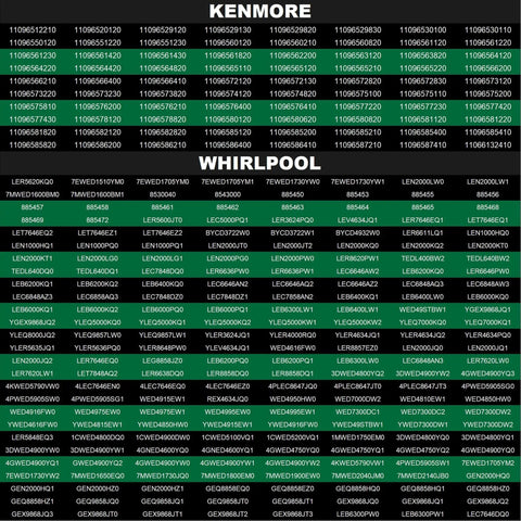 Model compatibility chart for Kenmore and Whirlpool dryers including various model numbers for heating plate upgrade.
