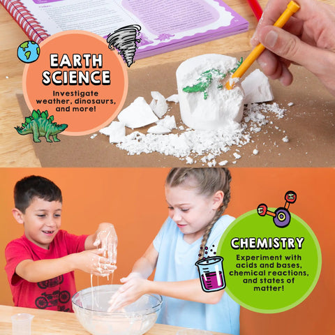 Kids using 100 Jaw Dropping Science Experiments Kit With Over 60 Tools And Materials For Chemistry Physics Biology And Earth Science Projects Includes Science Journal Hands On Fun For Kids Ages 6 And Up. Exploring geology and chemistry activities.