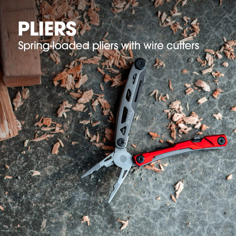 Locking Pocket Multi Tool 8 In 1 with Titanium Nitride Frame and spring-loaded pliers on wooden surface