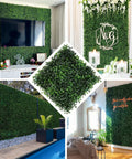 Boxwood Hedge Wall Panels 12 Pack 10x10 Inches Faux Greenery Privacy Screen For Outdoor Indoor Gardens Fences Backyards And Party Backdrops No Fuss Install Weather Resistant shown in various settings including a poolside fence, a party backdrop, and an indoor wall display.