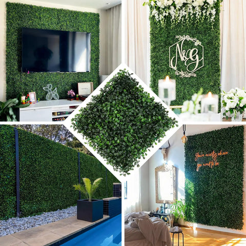 Boxwood Hedge Wall Panels 12 Pack 10x10 Inches Faux Greenery Privacy Screen For Outdoor Indoor Gardens Fences Backyards And Party Backdrops No Fuss Install Weather Resistant shown in various settings including a poolside fence, a party backdrop, and an indoor wall display.