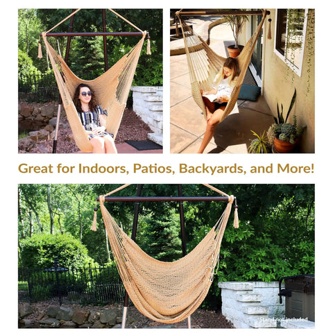 Outdoor Hammock Chair Swing For Reading And Lounging On The Patio Or Indoors 300 Lb Capacity Caribbean XL Tan Durable Soft Polyester Rope Seat For Cozy Chill Sessions