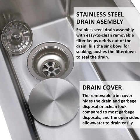 Close-up of Undermount Bar Sink For RV And Outdoor Kitchen, 10 By 18 Inch, 16 Gauge Stainless Steel Single Bowl with drain assembly