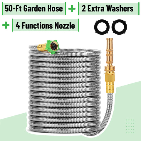 Stainless Steel Garden Hose With 4 Function Brass Nozzle, 50 Ft No Kink, Heavy Duty Flexible Watering And Cleaning Gear, coiled view