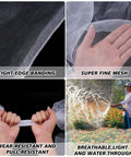 Ultra Fine Garden Netting For Insects And Birds Keeps Bugs And Critters Out While Letting Air Light And Water In Large 4x25 Ft Mesh showing tight edge banding, super fine mesh, wear-resistant pull, and light water through in garden.