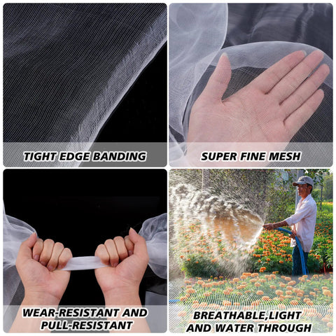 Ultra Fine Garden Netting For Insects And Birds Keeps Bugs And Critters Out While Letting Air Light And Water In Large 4x25 Ft Mesh showing tight edge banding, super fine mesh, wear-resistant pull, and light water through in garden.