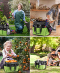 Heavy Duty Garden Tool Bag Organizer With Ten Pockets And Long Adjustable Shoulder Strap Standable Tote For Home Garden Use Green Tools Not Included Great For Pros And Weekend Gardeners displayed in various outdoor settings.