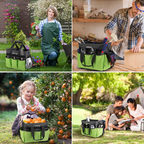 Heavy Duty Garden Tool Bag Organizer With Ten Pockets And Long Adjustable Shoulder Strap Standable Tote For Home Garden Use Green Tools Not Included Great For Pros And Weekend Gardeners displayed in various outdoor settings.