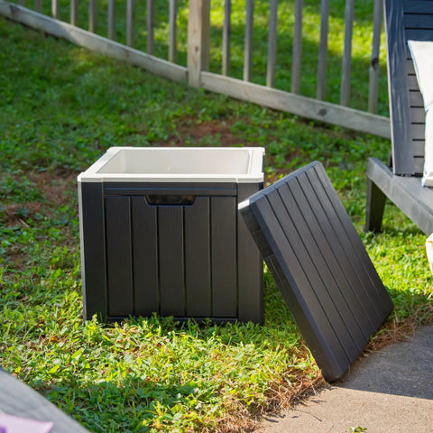 9 Gallon Outdoor Beverage Cooler with Insulated Ice Chest, black design, lid open, on grass in backyard setting