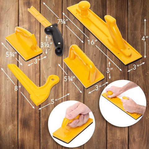 Five Piece Jointer Safety Kit With Push Blocks And Push Sticks For Woodworking, showing dimensions and hands using blocks
