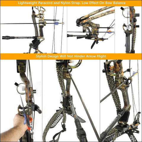 Paracord Compound Bow Sling With V2 Magnetic Connection in Winterfell Camo showing lightweight nylon strap on compound bow