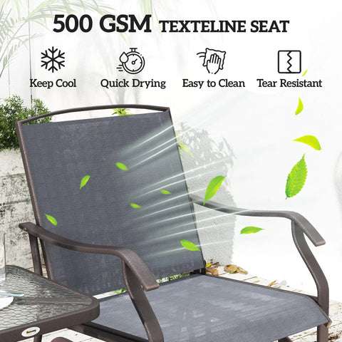 Close-up of breathable sling fabric on Three Piece Outdoor Glider Bistro Set With Glass Tabletop And Two Patio Rocking Chairs