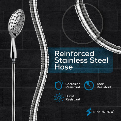 10 Mode Handheld Shower Head With Hose For Kickin High Pressure Power Jet, 5 Inch Stainless Head, Six Foot Bracket
