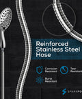 Ten Mode High Pressure Handheld Shower Head Kit With 5 Inch Shower Head and stainless steel reinforced hose on black background