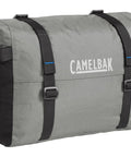 MULE 12 Bikepacking Handlebar Bag IPX5 Waterproof Roll-Top With Aluminum Stabilizer Bar in Wolf Grey 2.0 with secure straps.