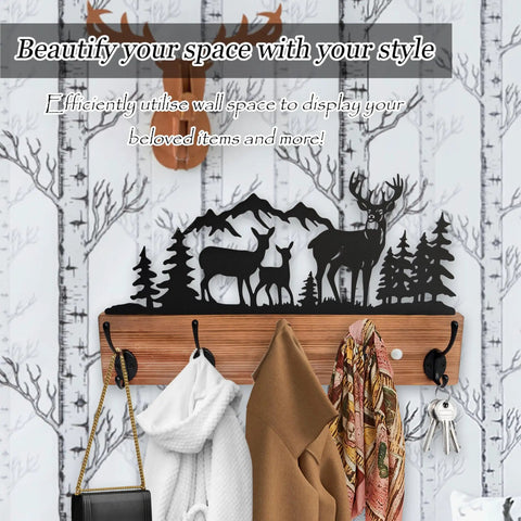 Wooden Deer Coat Rack With Five Hooks And Built-In Motion Sensor Light holding coats, keys, and bags, wall-mounted design