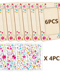 6 Unfinished Wood Picture Frames DIY Kit With 4 By 6 Inch Photos shown with decorative stickers.