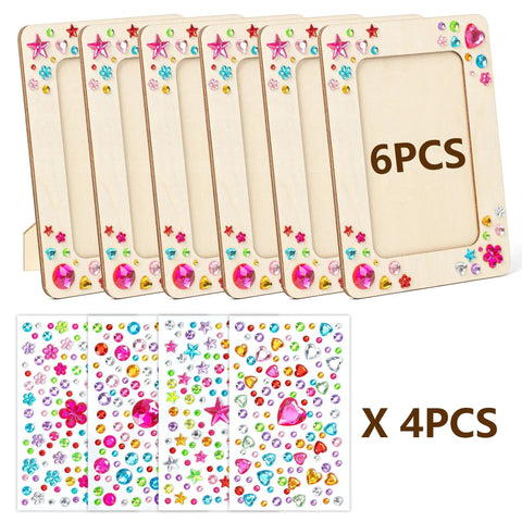 6 Unfinished Wood Picture Frames DIY Kit With 4 By 6 Inch Photos shown with decorative stickers.