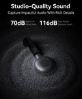 Lark M2S Wireless Microphone Bundle For iPhone Camera Android And PC showcasing studio-quality sound features on black background.