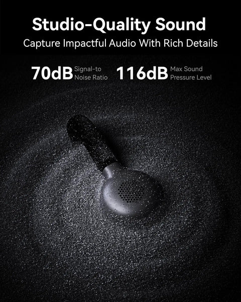 Lark M2S Wireless Microphone Bundle For iPhone Camera Android And PC showcasing studio-quality sound features on black background.