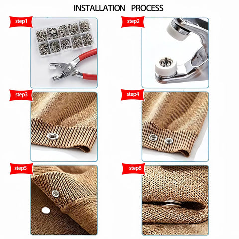 Installation process steps for Top Shelf Metal Snap Button Kit With Pro Grade Pressing Pliers And Sure Grip Handles for garment fixes.