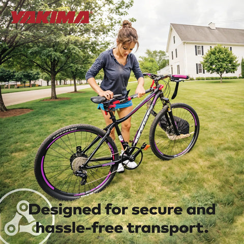 Woman adjusting bike with Two Pack Hitch Mounted Bike Rack Adapter With TubeTop Seat Post Mount on grass