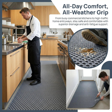 Heavy Duty Non Slip Floor Mat 4X10 Grey Drainage Rubber Deck Mat For Commercial Bars Kitchens And Pools Anti Fatigue waterproof surface in kitchen.