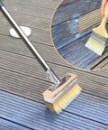 7-Inch Deck Stain Brush Applicator with 60-Inch Long Handle showing even application on wooden deck with synthetic bristles